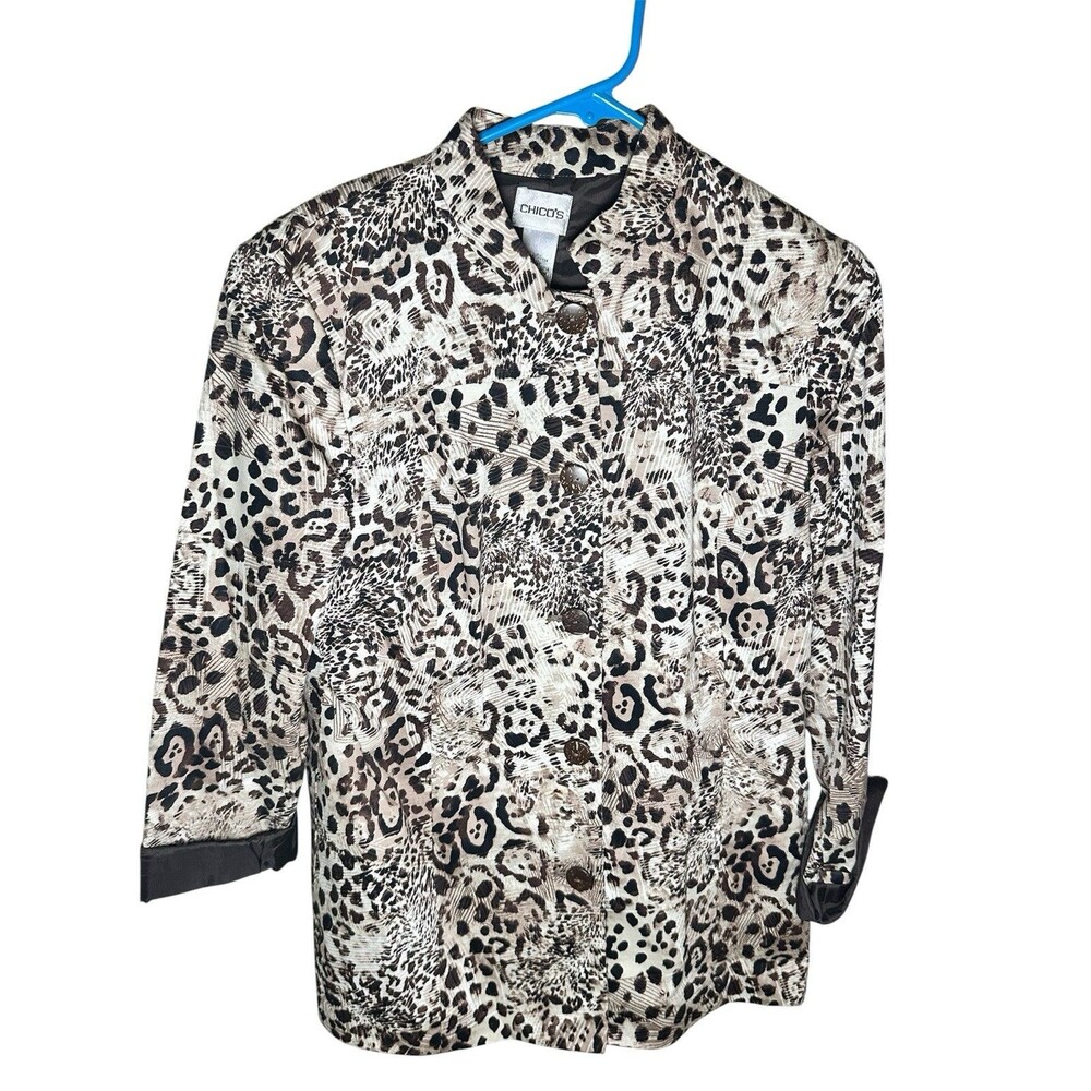 Chico's Women's Cheetah Print Long Sleeve Button Up Blazer Jacket Brown Sz 1 (M)